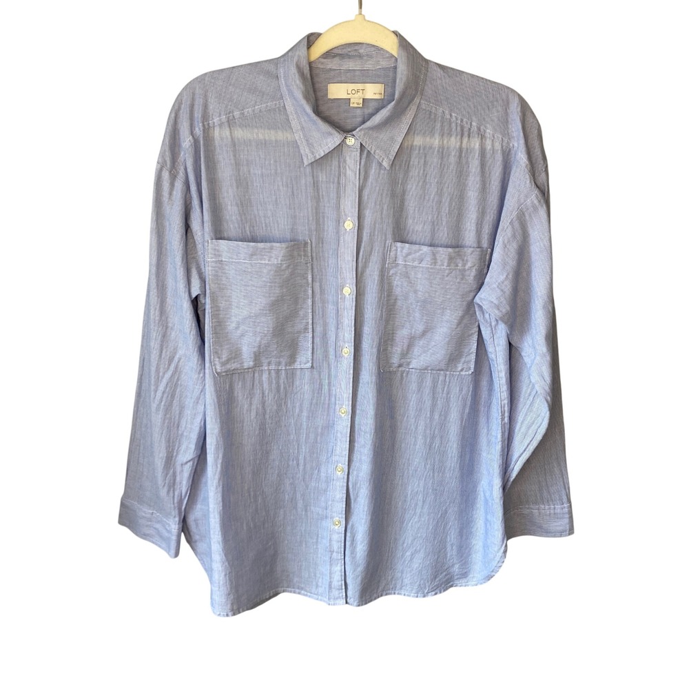LOFT Blue White Micro Stripe Button Down Shirt Petite Large LP Relaxed Fit
